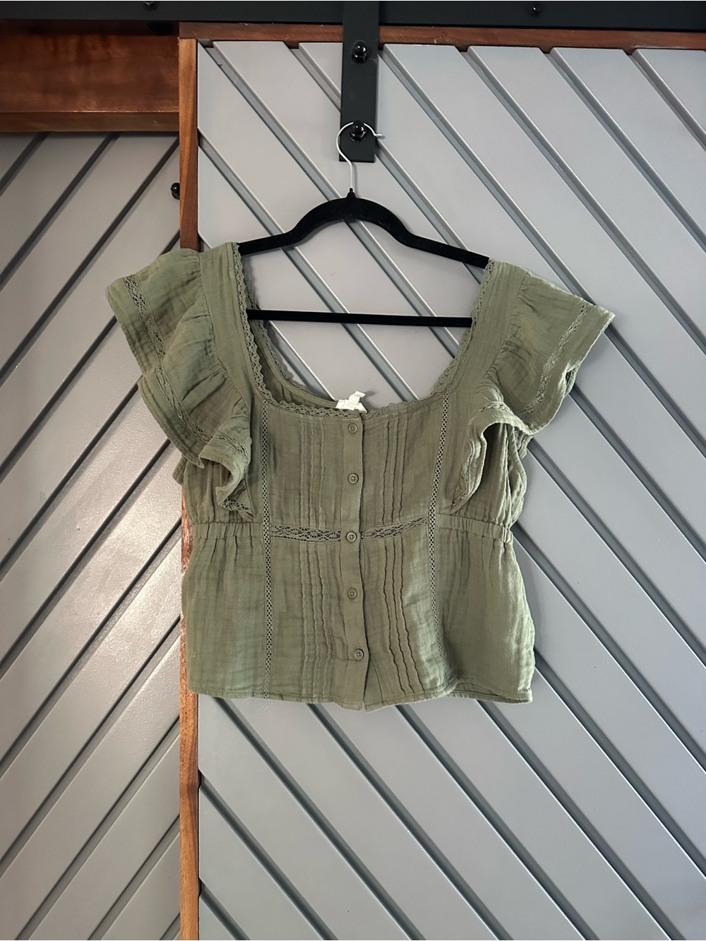 aerie Olive Green Ruffle Cap Sleeve Button-Front Top
